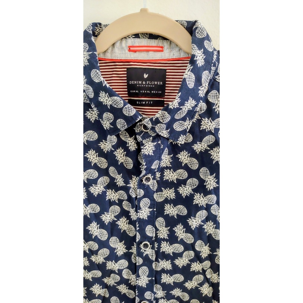 Denim And Flower Ricky Singh Navy Blue & White Pineapple Slim Fit Shirt Size XL - Picture 2 of 9